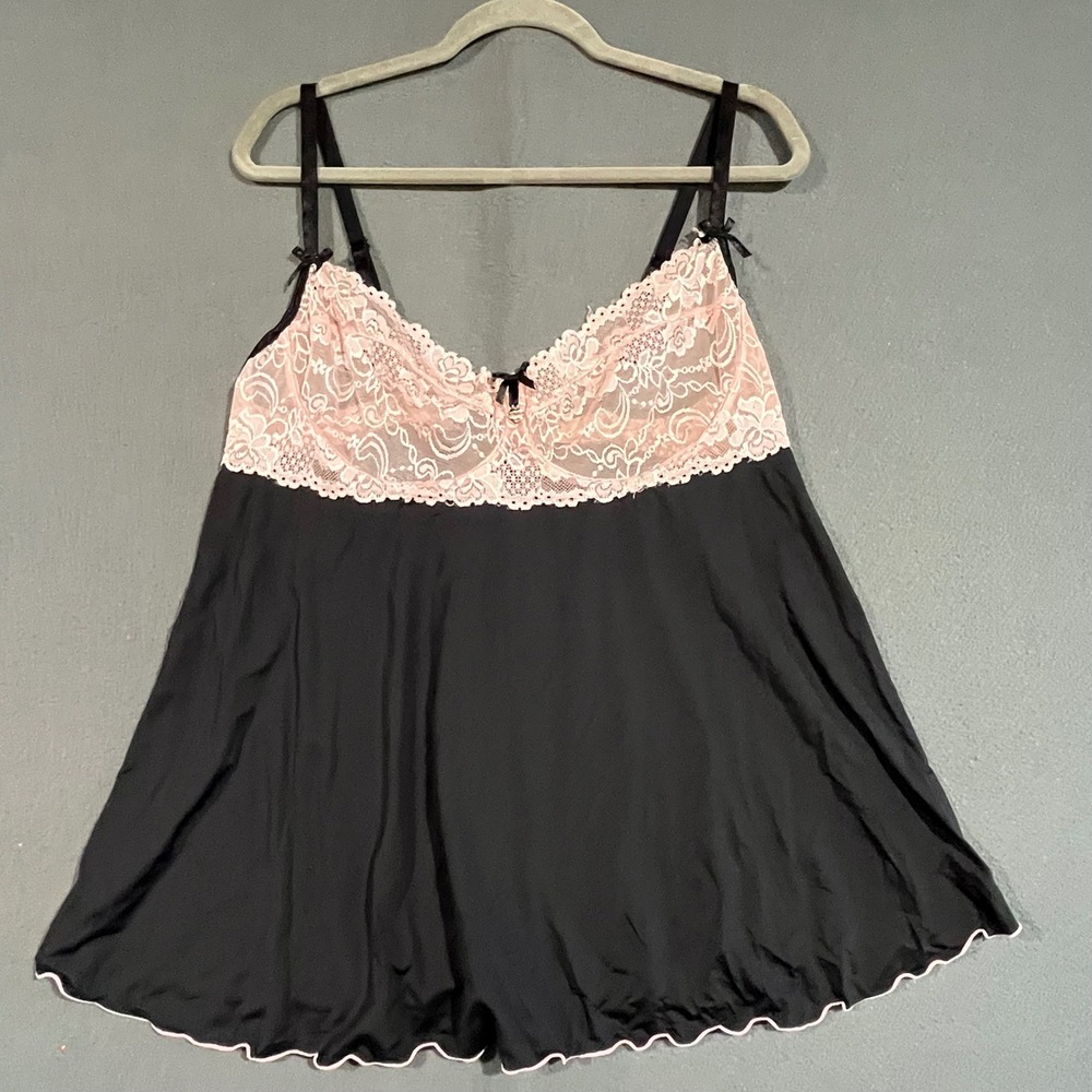 Coquette Black Pink Lace Charm Babydoll Chemise Lingerie Plus Size 1X 2X